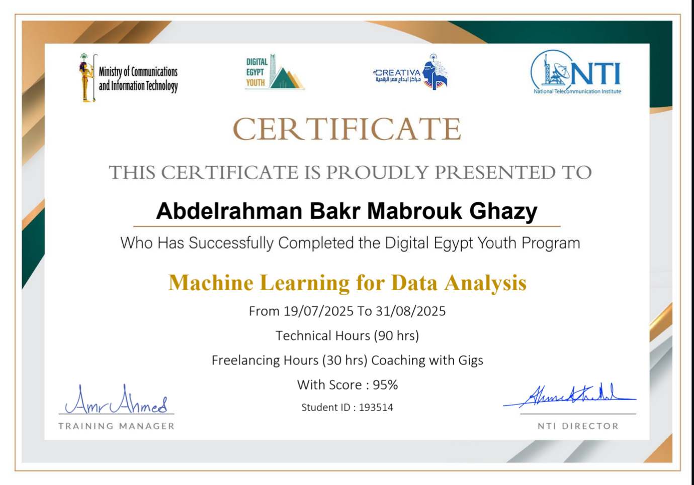 Machine Learning for Data Analysis — Digital Egypt Youth (Score 95%)