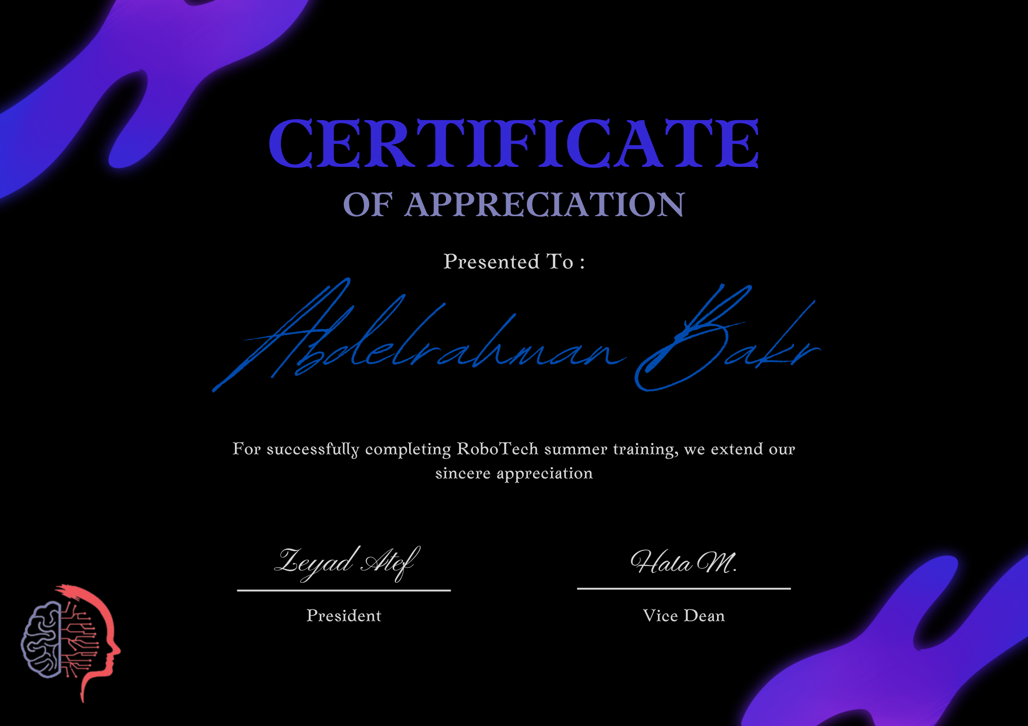 RoboTech Summer Training — Certificate of Appreciation